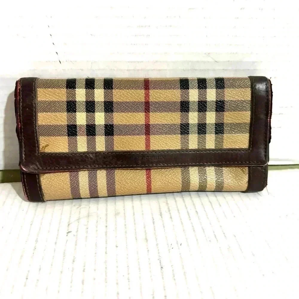 Burberry vintage striped continental tartan check beige brown leather wallet